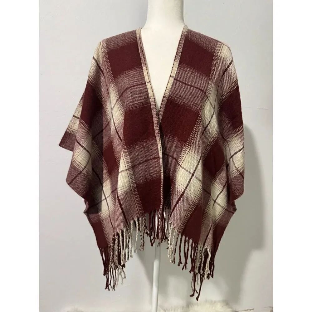 Hollister  Burgundy plaid poncho wrap with fringe XS/S